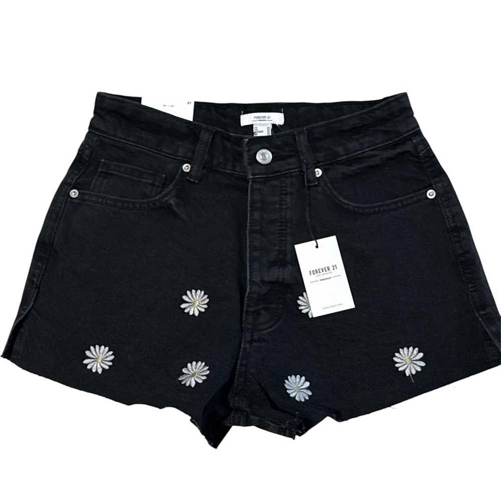 Forever 21 Black High Waist Shorts with Floral Embroidery